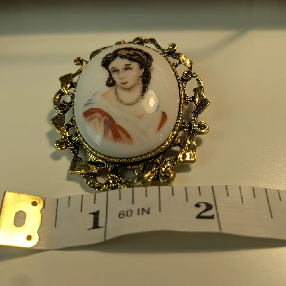 Vintage Gold and White Porcelain Cameo Brooch And Pendant Marked Japan